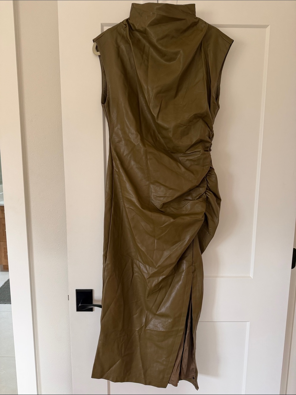 Anthropologie Olive Green Faux Leather Ruched Midi Dress